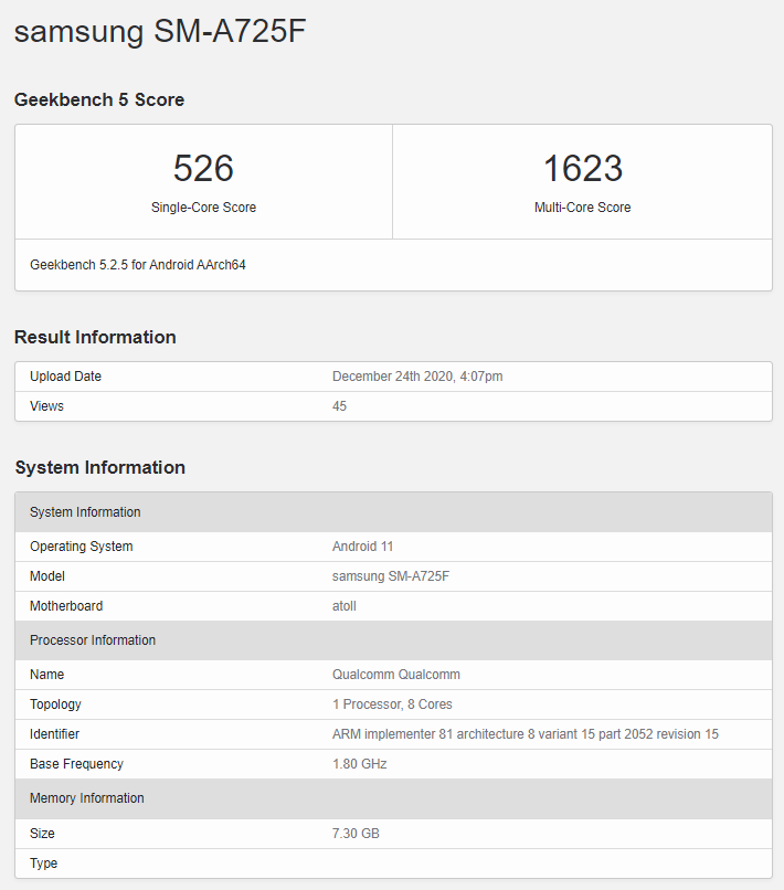 Смартфон Samsung Galaxy A72 протестировали в Geekbench