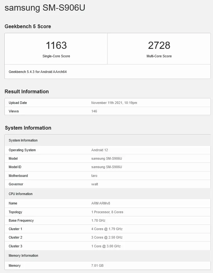 Смартфон Samsung Galaxy S22+ протестировали в Geekbench