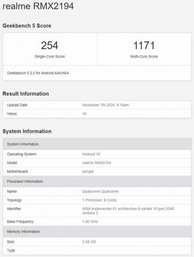 Смартфон Realme с чипом Snapdragon 460 протестирован в Geekbench