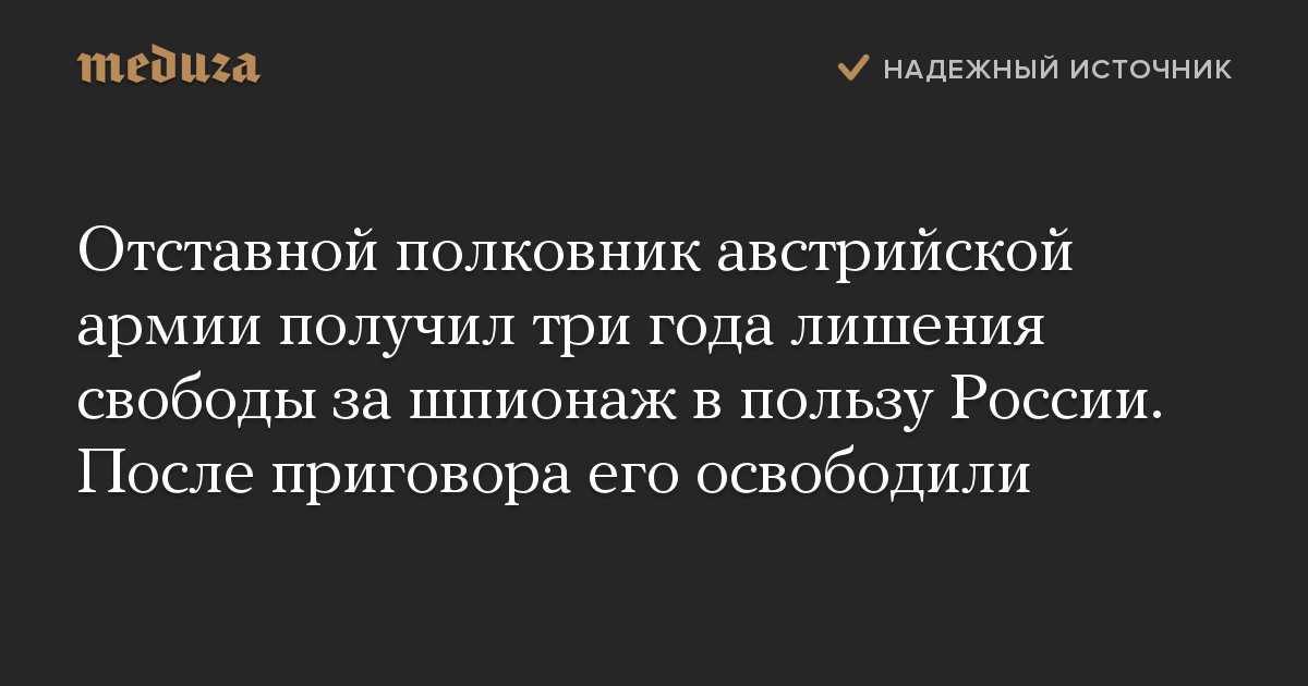 Отставной полковник австрийской армии получил три года лишения свободы за шпионаж в пользу России. После приговора его освободили