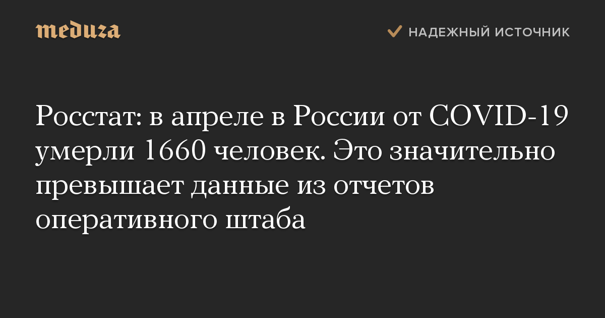 Росстат: в апреле в России от COVID-19 умерли 1660 человек. Это значительно превышает данные из отчетов оперативного штаба