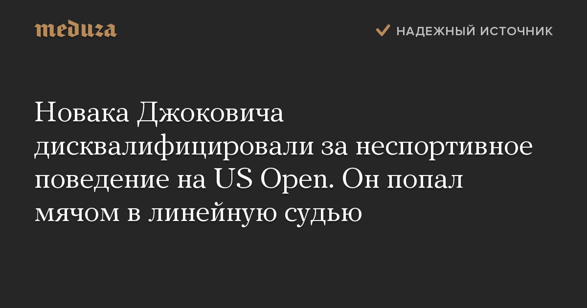 Новака Джоковича дисквалифицировали за неспортивное поведение на US Open. Он попал мячом в линейную судью