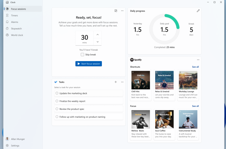 В Windows 11 появилось обновлённое приложение «Часы» с поддержкой Focus Session для концентрации на работе