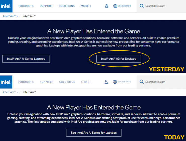 На сайте Intel ненадолго мелькнуло упоминание десктопных видеокарт Arc A3