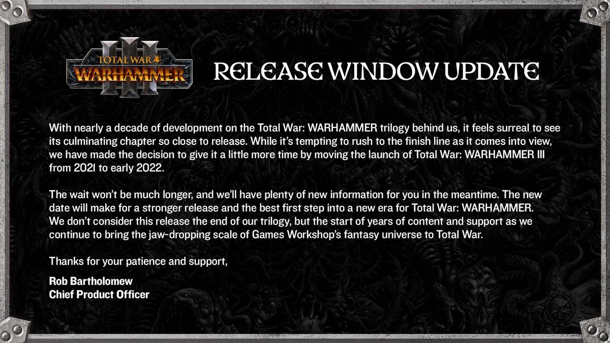 Релиз Total War: Warhammer 3 перенесли на начало 2022 года