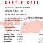 Azercell получил сертификат соответствия стандартам ISO 37001:2016 «Системы менеджмента борьбы со взяточничеством»