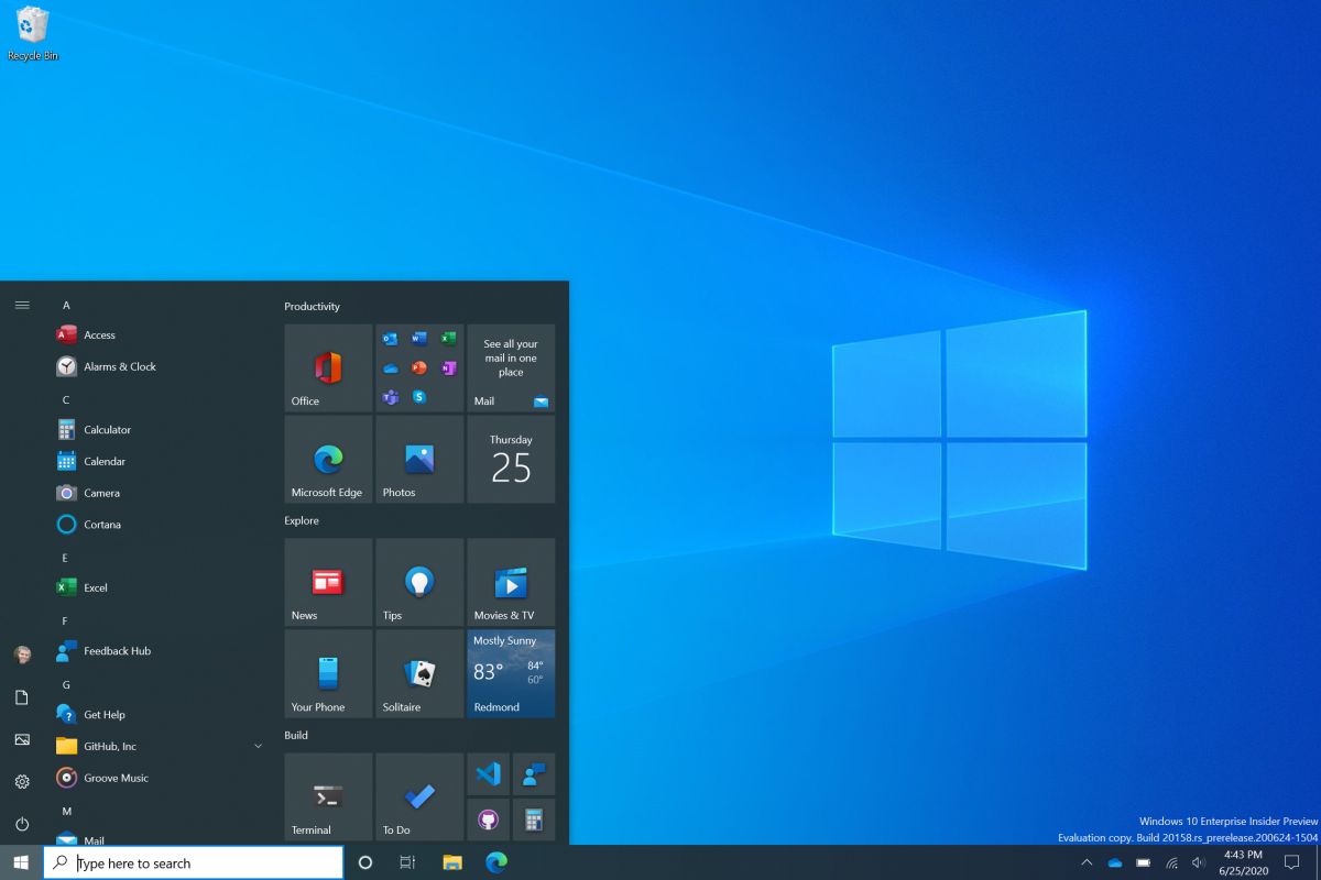 В Windows 10 Insider Preview Build 20161 улучшили меню «Пуск»