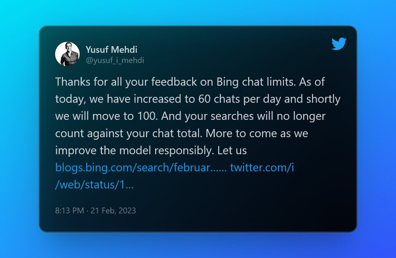 Microsoft увеличила лимиты запросов к чат-боту Bing и анонсировала новую функцию